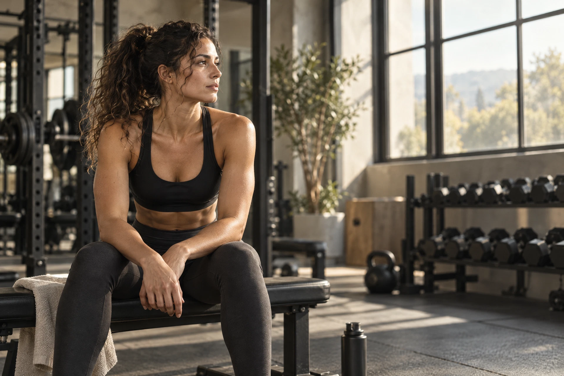 Athlete taking a quiet moment between strength sets in a sunlit gym