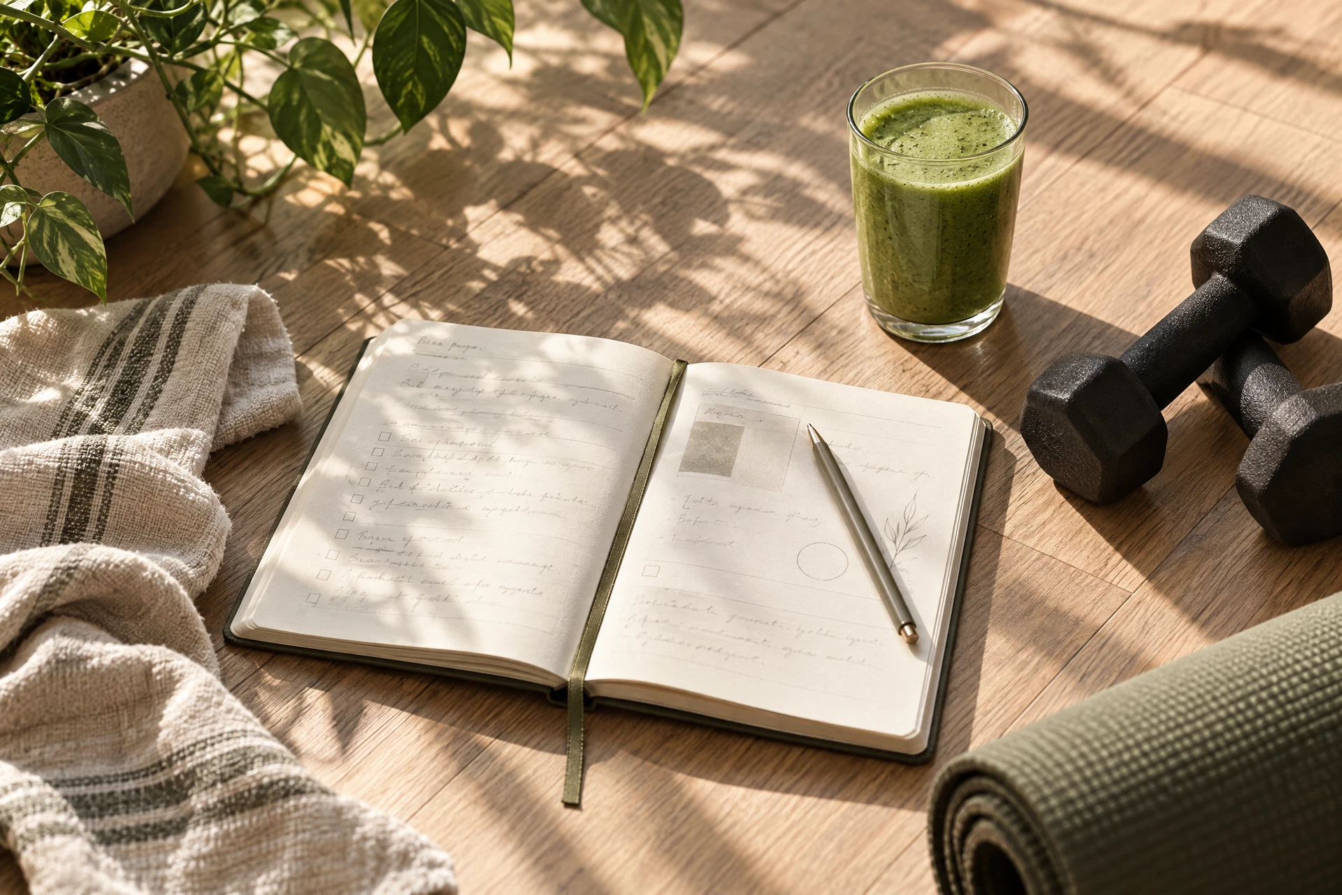 A notebook and movement essentials ready for a new day
