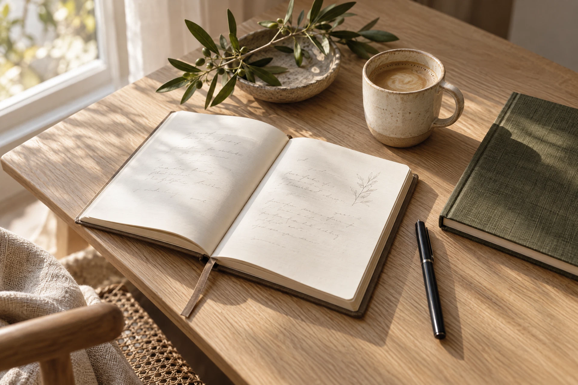 An open journal and pen ready for a thoughtful morning check-in