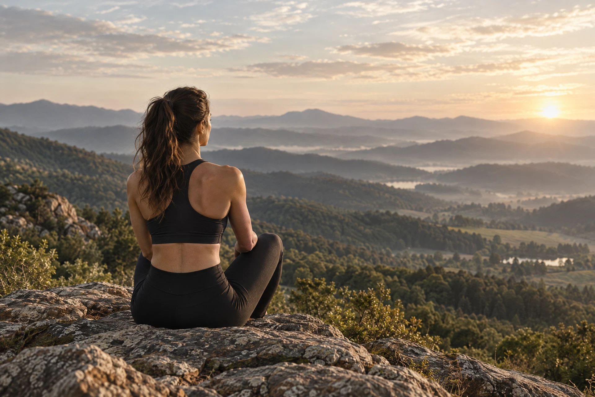 A woman reflecting on her progress from a quiet mountain overlook